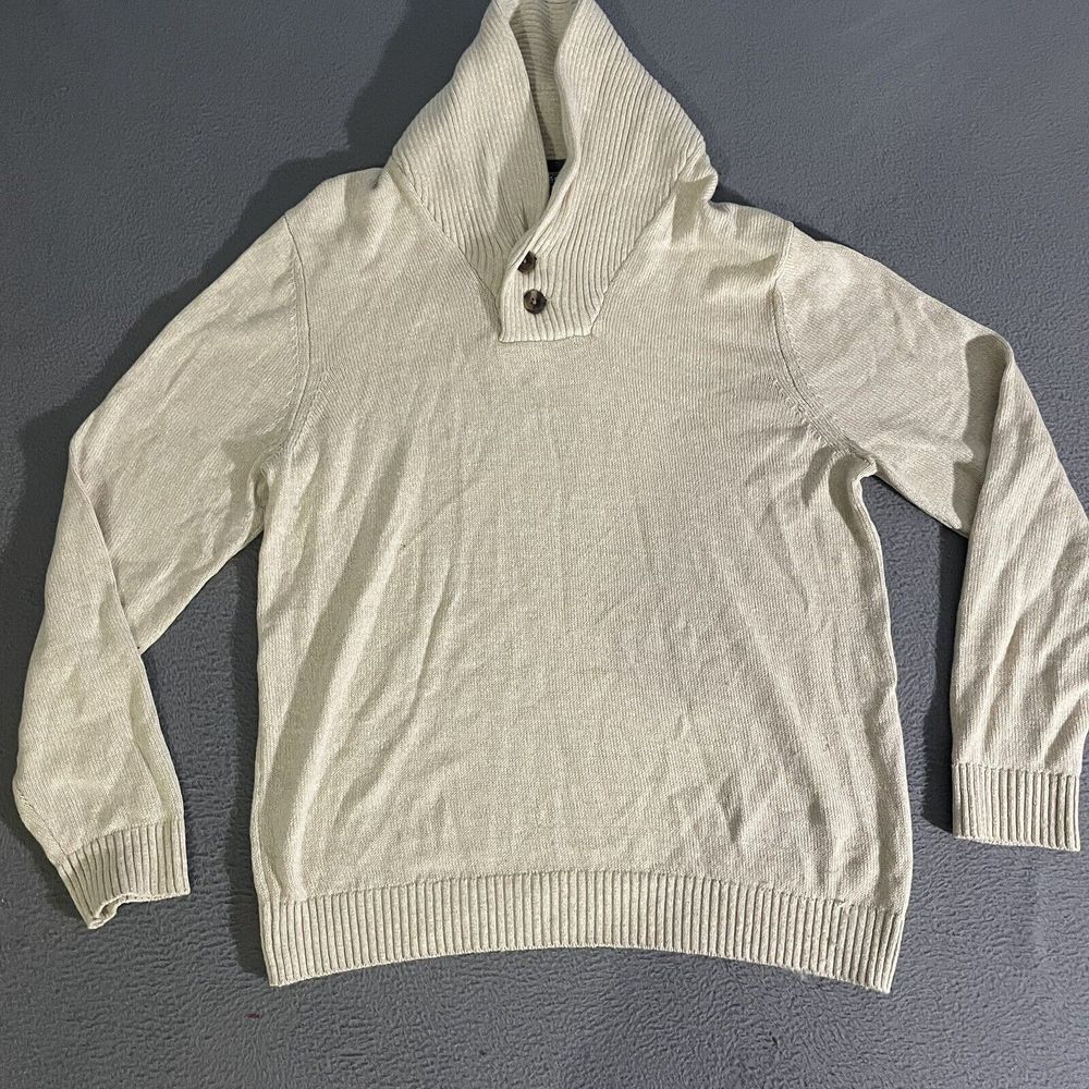 Mens IZOD Shawl‎ Neck Sweater Half Button Beige Size Large